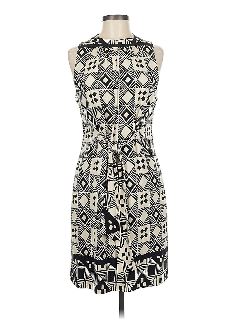 Nicole Miller Collection Black & Cream Geometric Tie-Waist Sleeveless Dress